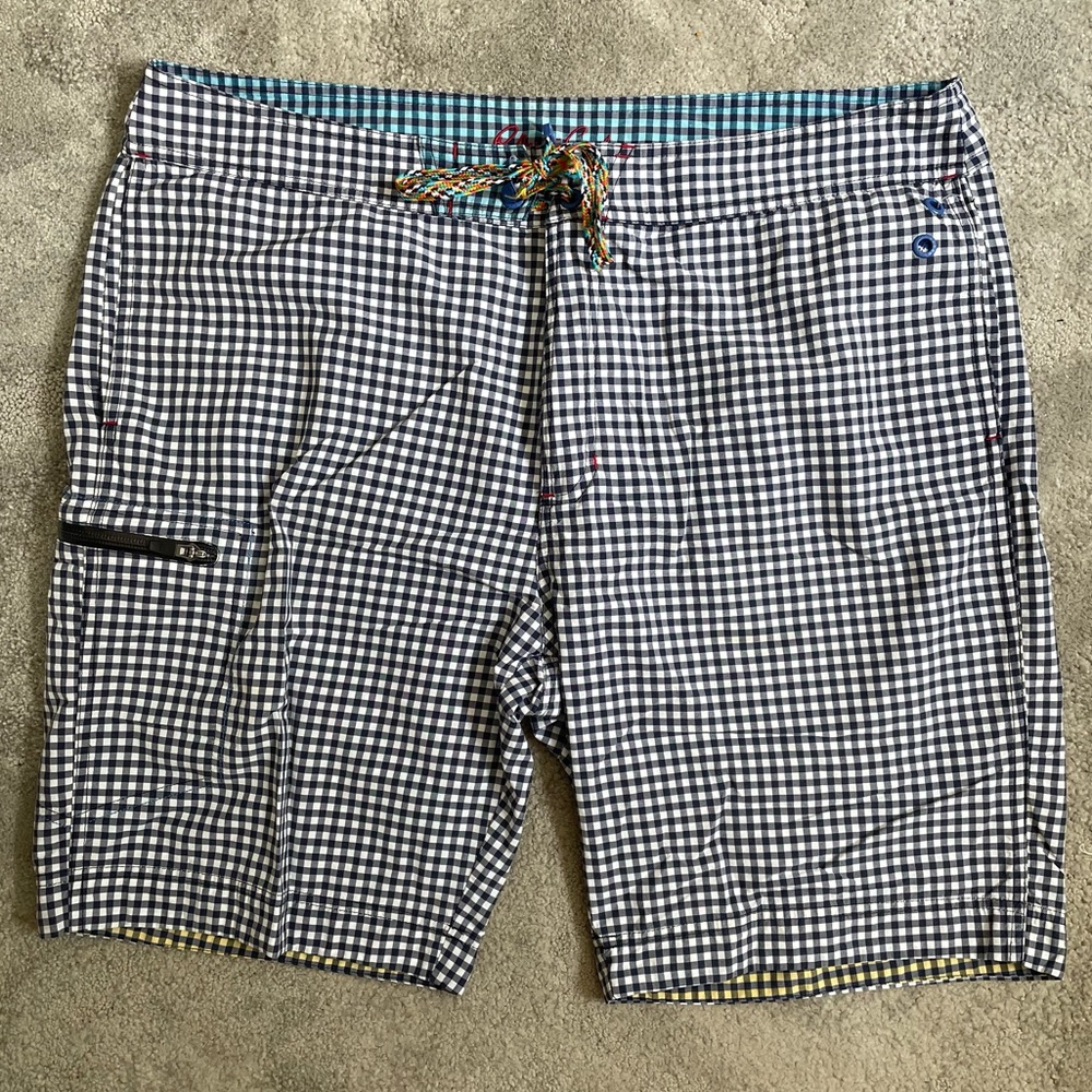 Robert Graham Men’s Blue Check Printed Swim Trunks Board Shorts EUC 38